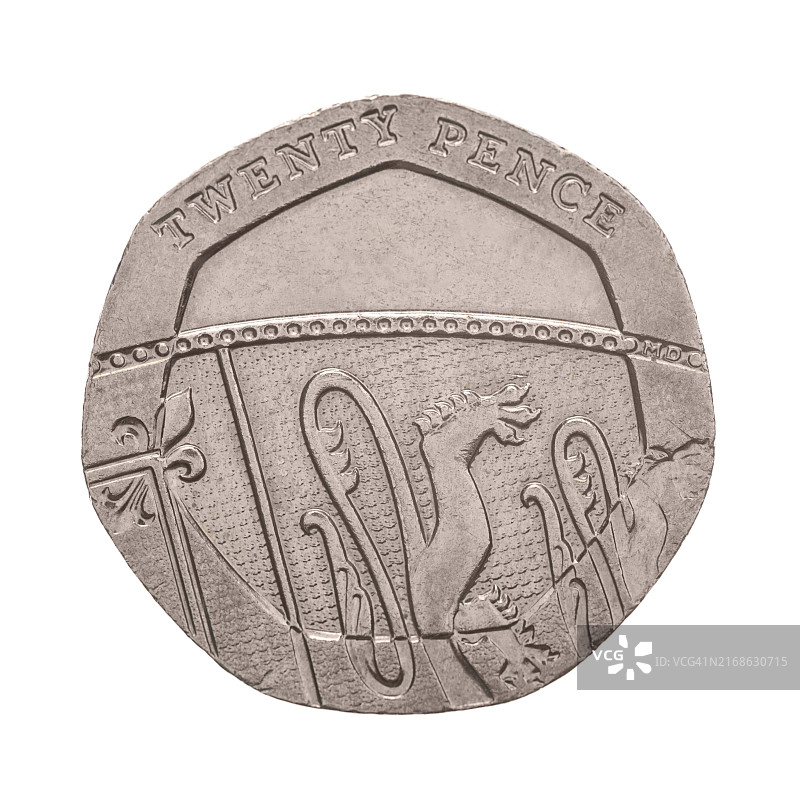 白色背景下的20便士硬币图片素材