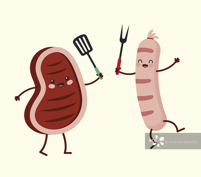 趣味牛排和香肠拿着烧烤工具图片素材