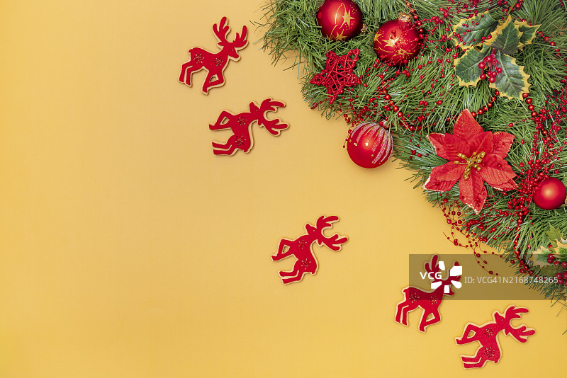 圣诞节背景，杉木花环，驯鹿，红色浆果，珍珠项链，一品红，装饰球，黄色背景图片素材