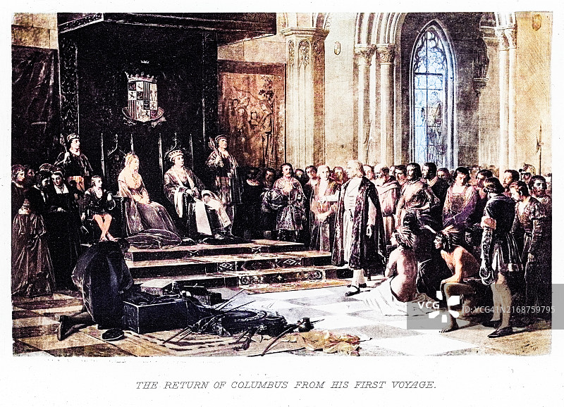 1493年4月，克里斯托弗·哥伦布受到费迪南国王和卡斯蒂利亚的伊莎贝拉一世接见的古老雕刻插图图片素材