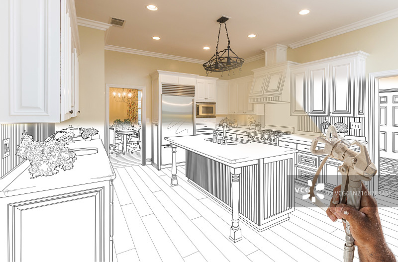 专业喷漆工用喷枪翻新厨房，参考设计图图片素材