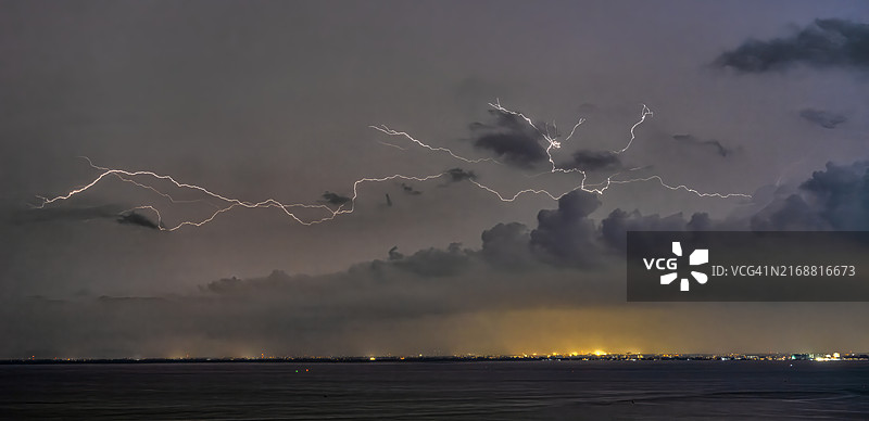 夜晚大海对着天空的美景图片素材
