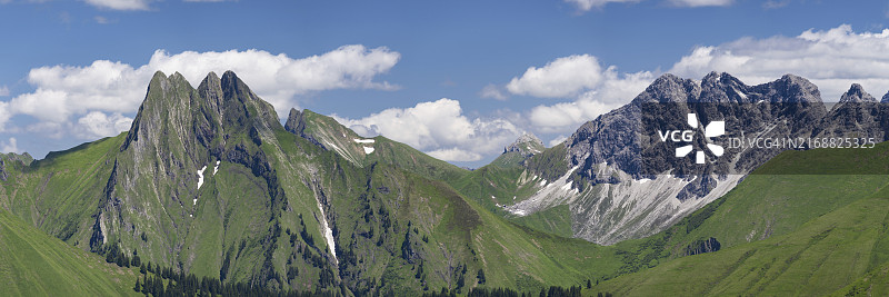 德国巴伐利亚阿尔高阿尔卑斯山脉维尔登贡德科夫峰全景图片素材