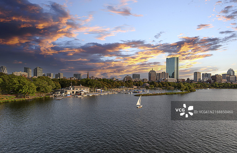 从查尔斯河上的朗费罗桥观看波士顿市区和历史中心全景图片素材