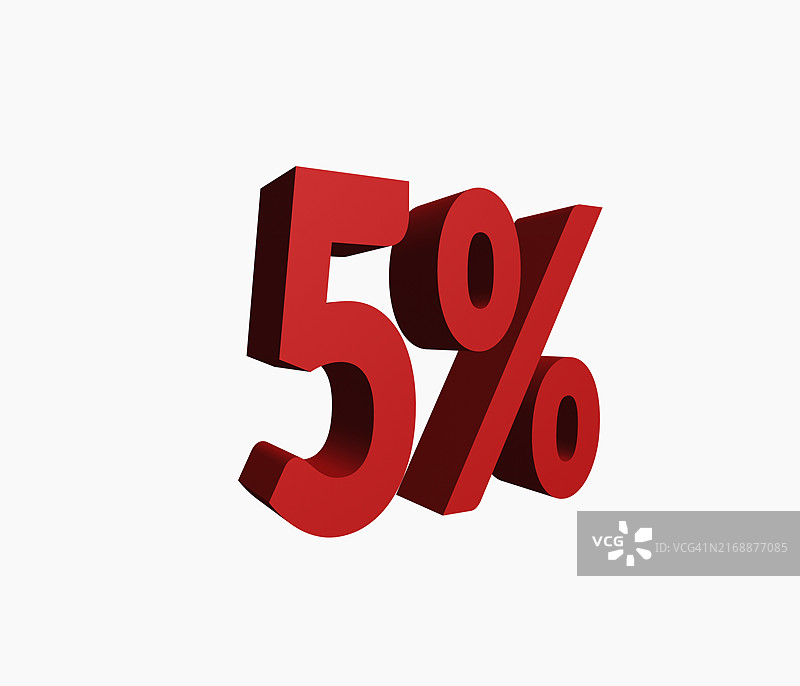 白色背景上的三维红色“5%”，粗体红色字母中0%的3D表示，放置在白色背景上的百分比3D文本图片素材
