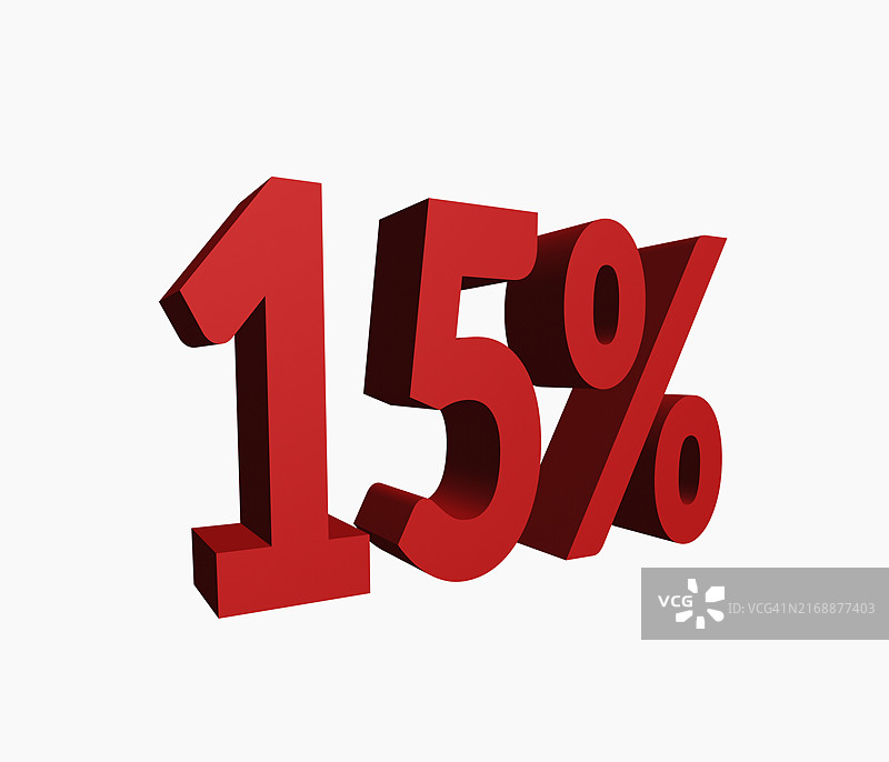3D红色数字15%白色背景，3D粗体红色字母0%白色背景，百分比3D文本图片素材