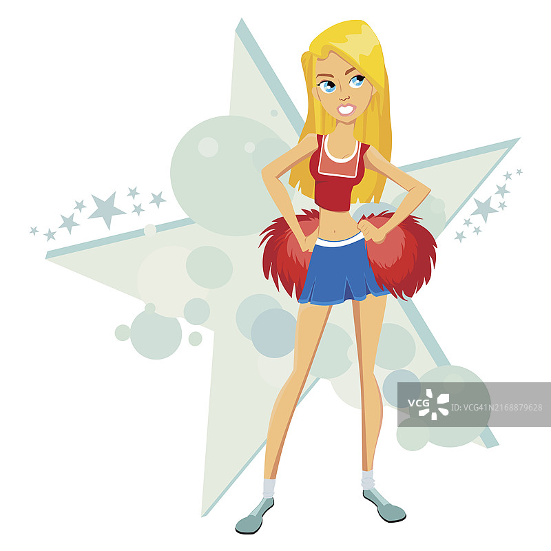 在星形背景下手持绒球的啦啦队员图片素材