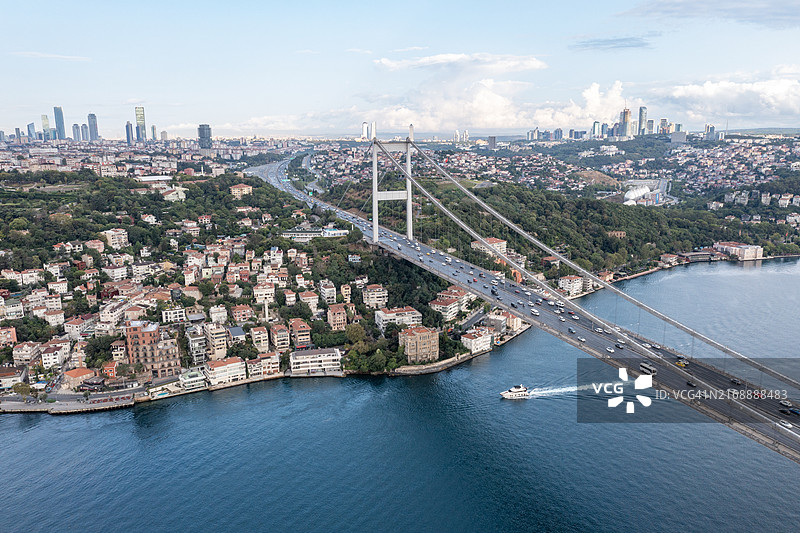 伊斯坦布尔博斯普鲁斯海峡大桥与马尔马拉海鸟瞰（7月15日烈士桥）图片素材