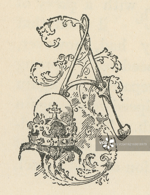 字母A装饰的古老雕刻插图图片素材