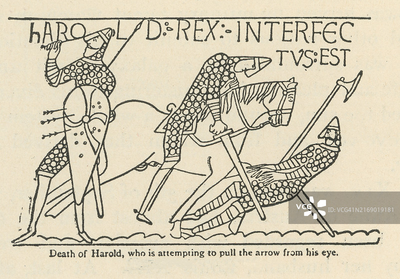 哈罗德·戈德温森之死，哈罗德二世——最后一位加冕的盎格鲁-撒克逊英国国王的古老雕刻插图图片素材