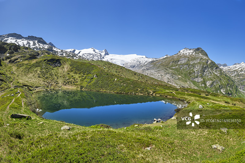 蓝天下的高山湖泊与冰川风光图片素材