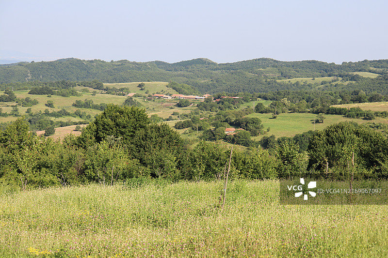 晴空映衬下的田野美景图片素材