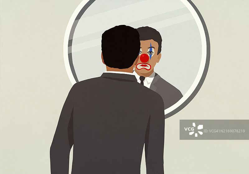 照镜子看到小丑脸的商人图片素材