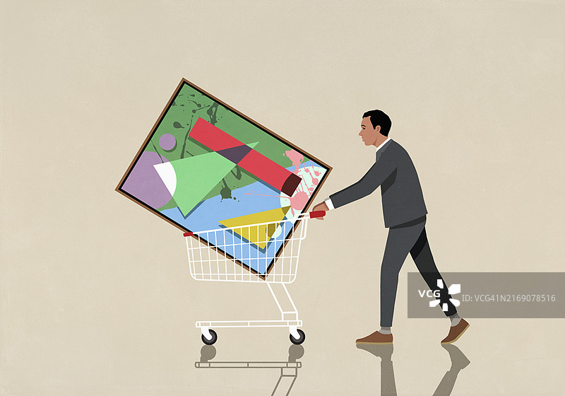 商人推着购物车里的抽象画图片素材