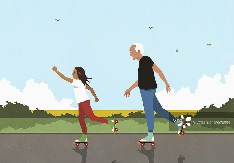 爷爷和孙女在阳光明媚的乡村道路上玩轮滑图片素材