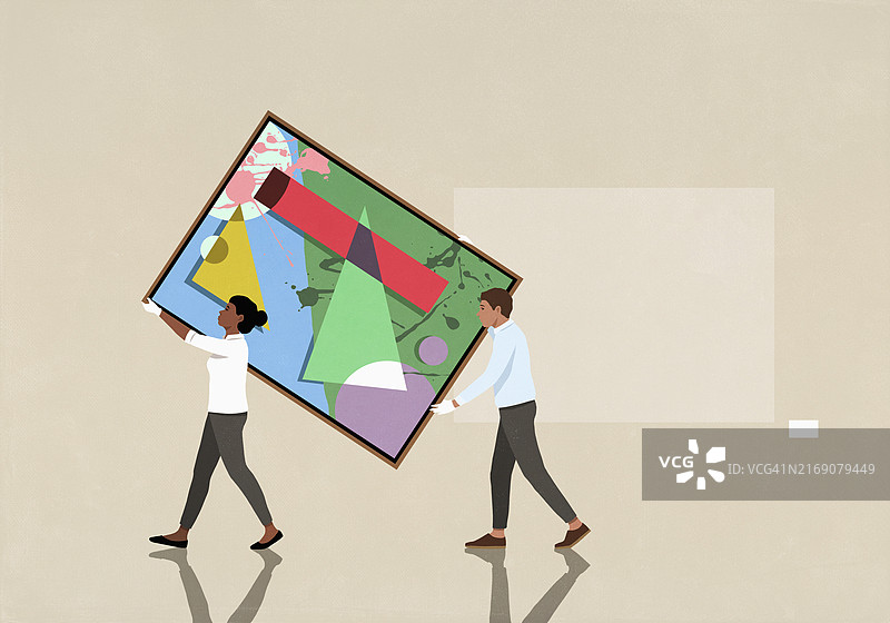 戴着白色手套的工人在美术馆内从墙上移除抽象画图片素材