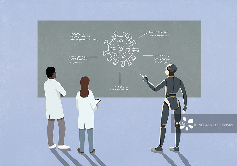 机器人和科学家在黑板上分析冠状病毒颗粒图片素材