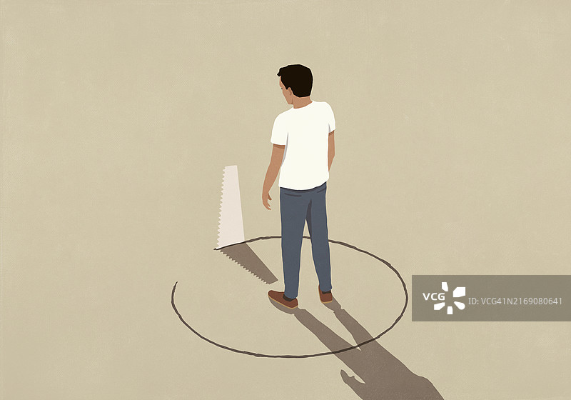 电锯切割男子周围的圆圈图片素材