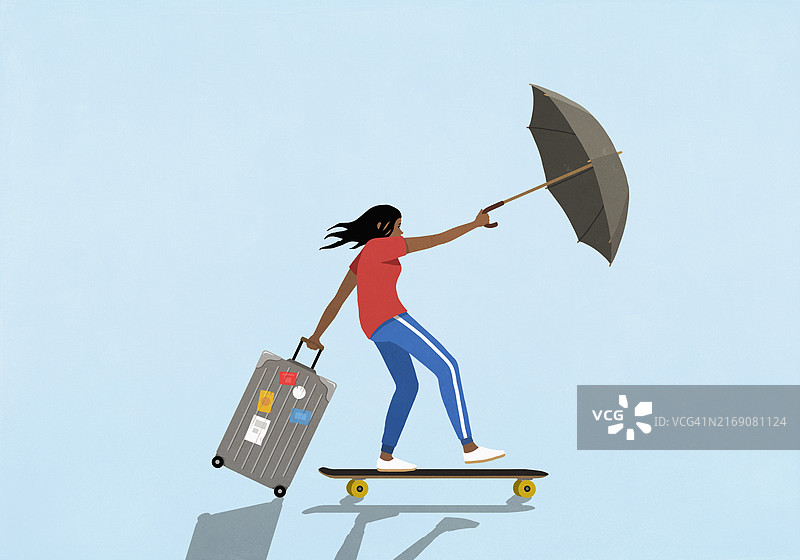 手提箱滑板女人图片素材