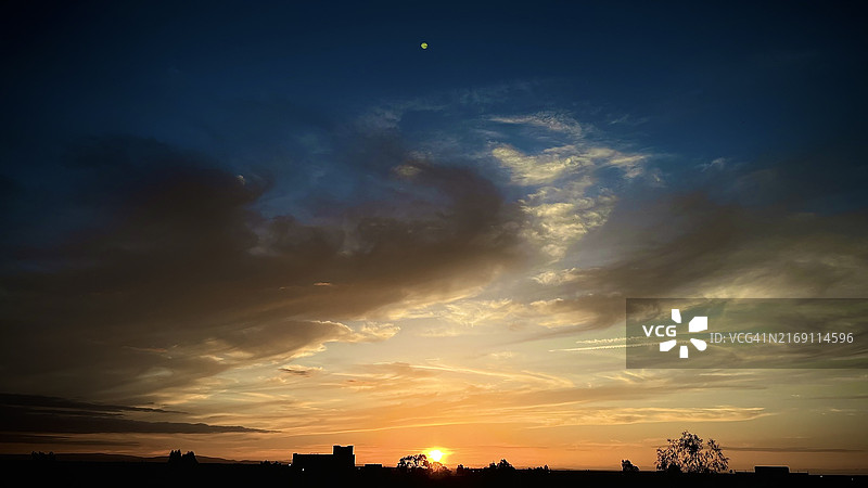 摩洛哥日落时天空下的树木剪影图片素材