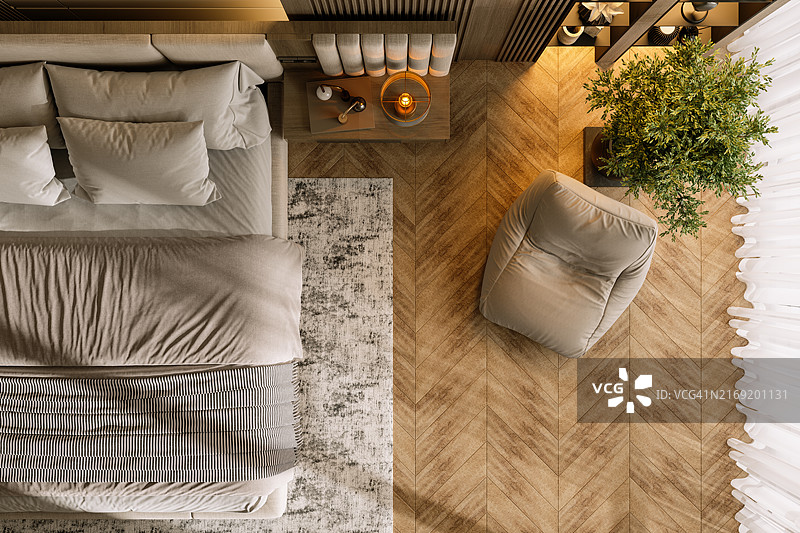 现代卧室内部高角度视图，配有床、边桌、扶手椅和盆栽植物图片素材