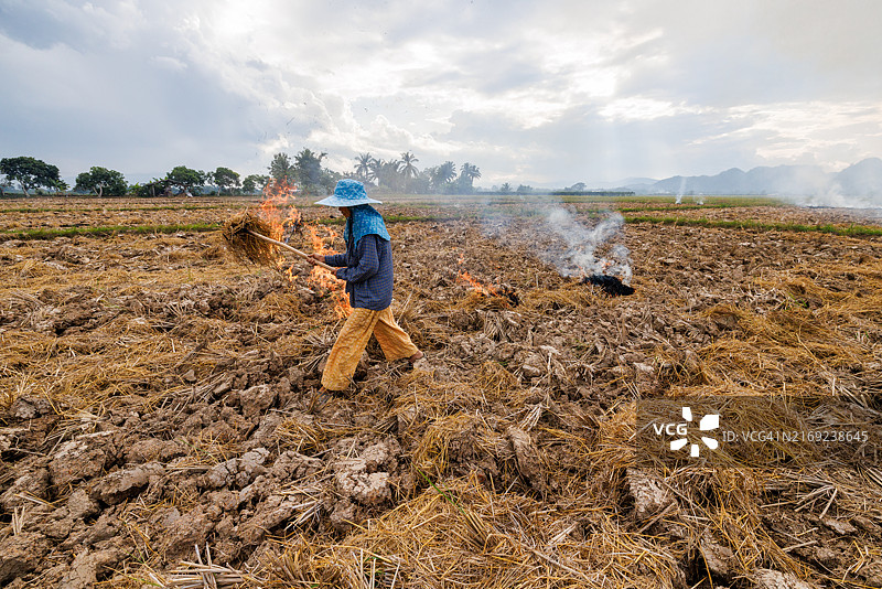 一位农民在泰国北部清迈府梅昌村附近点燃稻草。图片素材