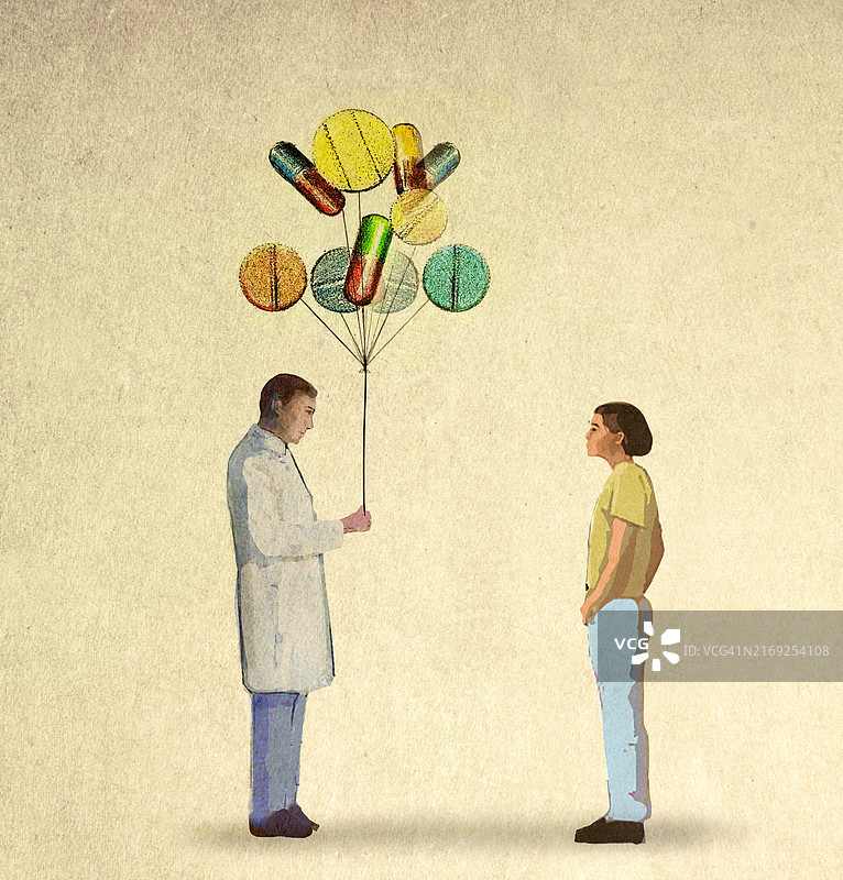 医生给病人药丸气球的插图图片素材