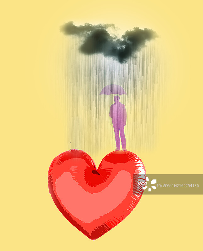 男子在红色爱心中打伞避雨插画图片素材