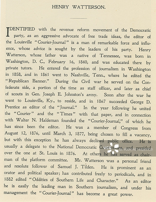 美国国会议员之子亨利·沃特森的传记，他成为肯塔基州路易斯维尔的著名记者，也是一名南方邦联士兵、作家和美国国会议员图片素材