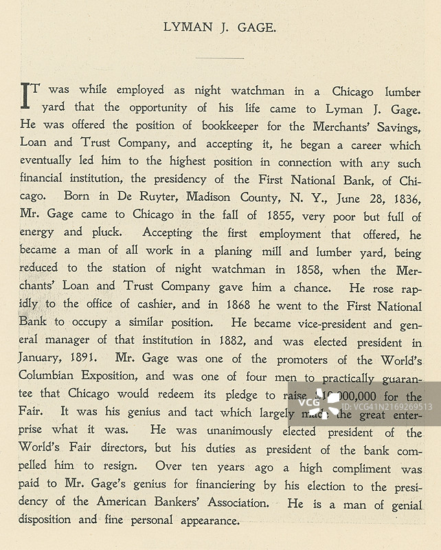 美国金融家、财政部长莱曼·朱德森·盖奇的传记图片素材
