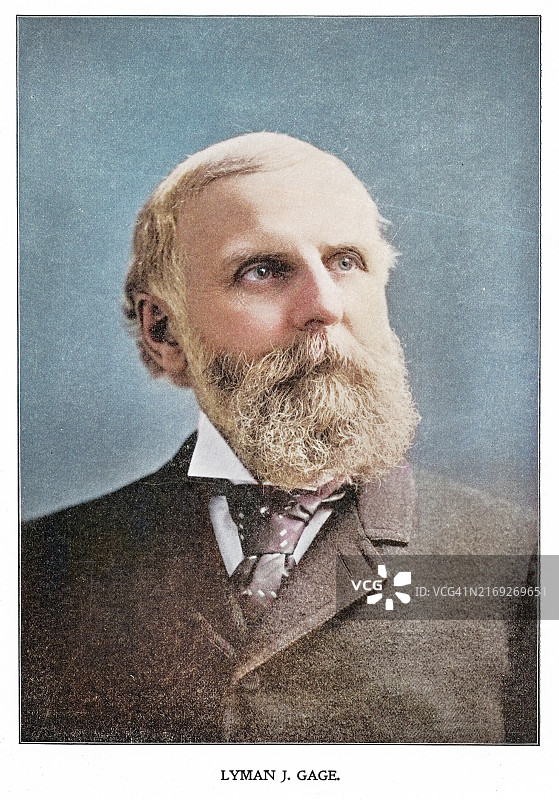 美国金融家和总统内阁官员莱曼·贾德森· Gage（第42任美国财政部长）肖像图片素材