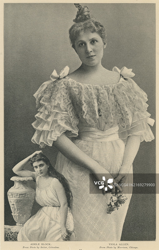 美国舞台剧女演员维奥拉·艾米丽·艾伦和阿黛尔·布洛克肖像古版画图片素材