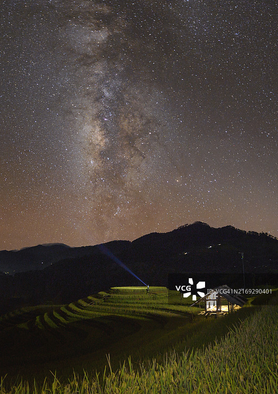 越南木江界梯田夜空银河与绿色稻田图片素材