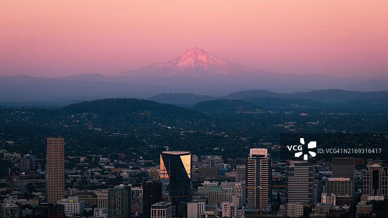 美国俄勒冈州波特兰市日落时分的城市景观图片素材