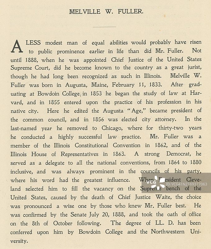 美国政治家、律师、法学家梅尔维尔·韦斯顿·富勒的传记，1888年至1910年担任美国第八任首席大法官图片素材