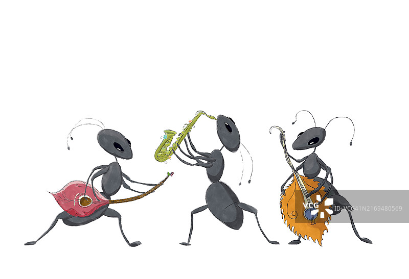 三只蚂蚁演奏音乐的水彩草图，白色背景上的图书角色图片素材