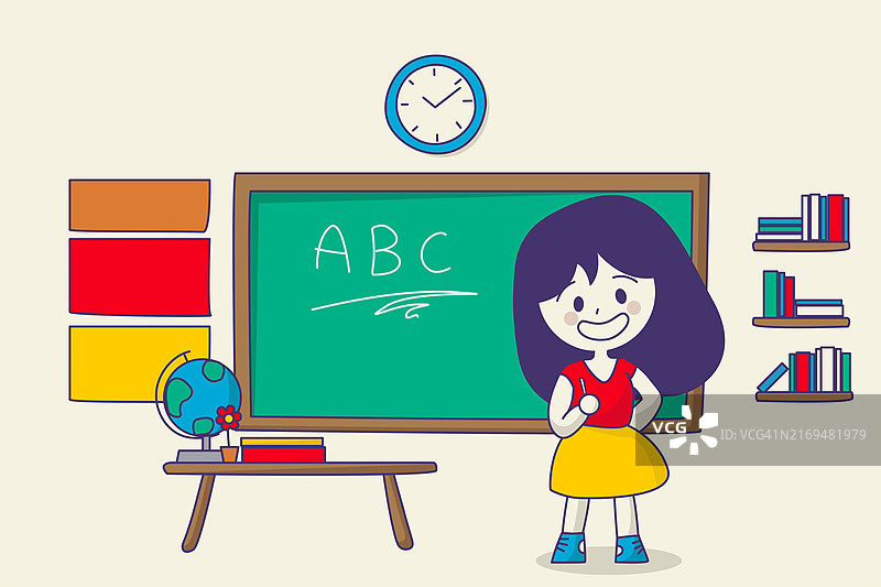 老师在教室里教ABC，矢量卡通图片素材
