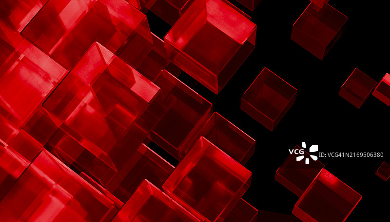 黑色背景上悬浮的一组红色矢量立方体（高角度渲染图）图片素材