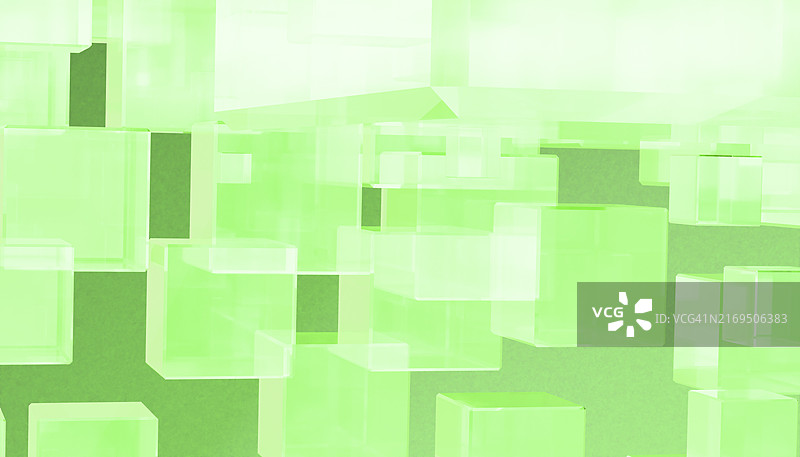 绿色矢量立方体悬浮在绿色背景三维图像前景中的正面视图图片素材