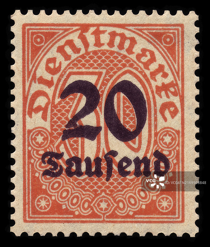 德国邮政1923年复古邮票，官方邮票，面值数字，20000马克，通货膨胀，历史，数字化修复复制品图片素材