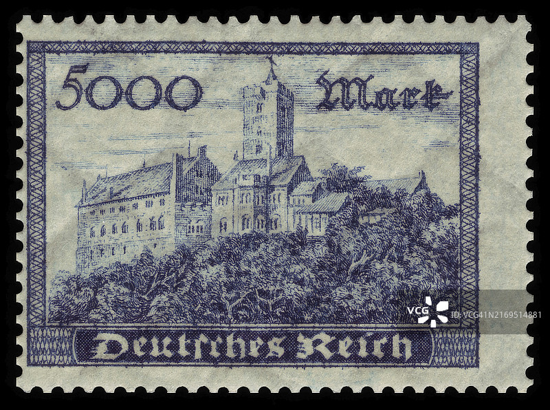 德国Reichspost 1923年复古印章，德国Reich，重要德国建筑，瓦特堡，5000马克，历史，数字化修复复制品图片素材