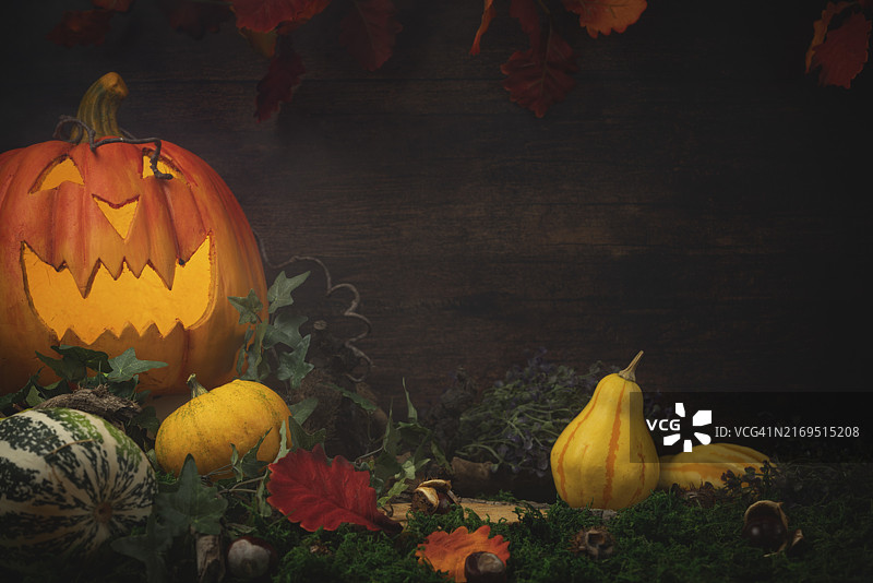 万圣节背景：南瓜、板栗、树叶和木墙前的装饰图片素材