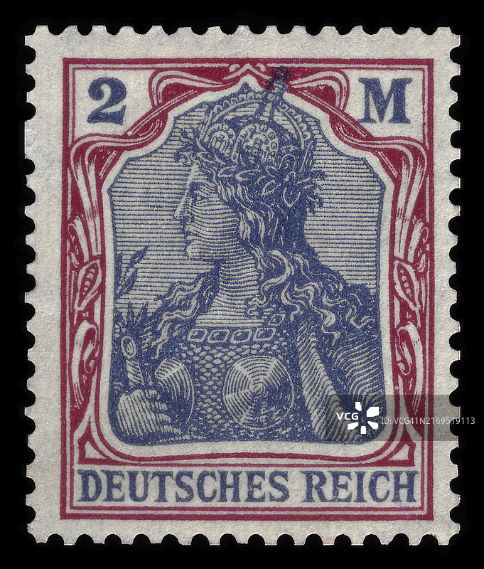 德国Reichspost 1920年复古邮票，Germania系列，2马克，历史，数字化修复复制品图片素材