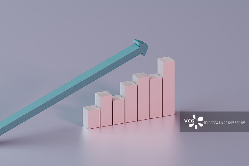 蓝色箭头指示增长的3D柱状图图片素材
