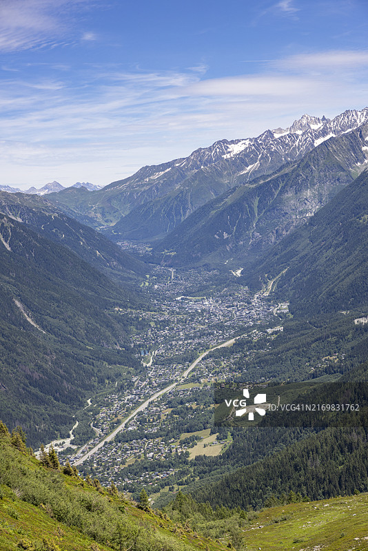 沙莫尼山谷两侧山脉的壮丽景色图片素材