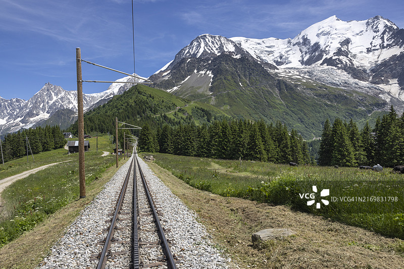 法国阿尔卑斯山脉的勃朗峰有轨电车图片素材