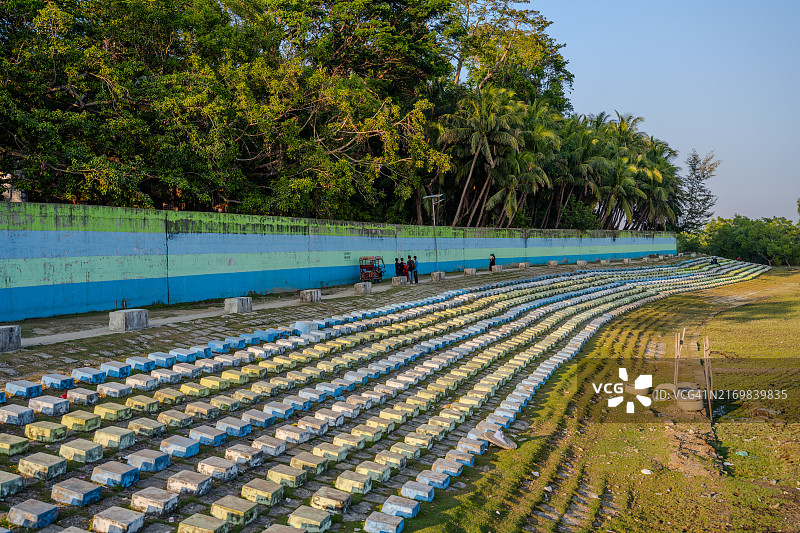 户外圆形剧场的弧形座位，周围环绕着茂盛的绿色植物，马赫什哈利岛图片素材