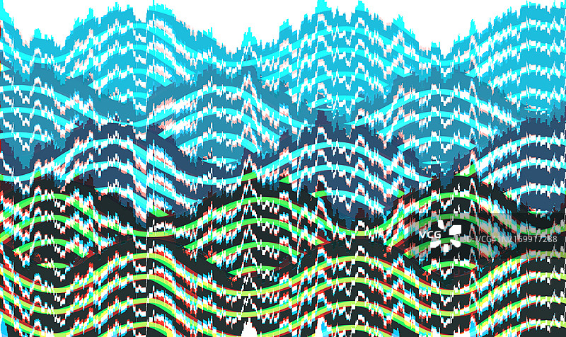 多色波浪抽象故障艺术，蓝绿红色锯齿形像素化扭曲图案图片素材