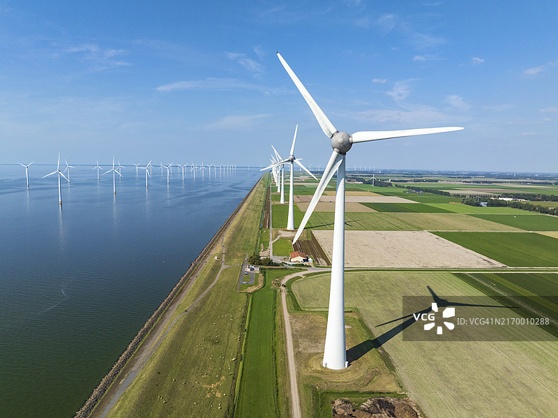 湖岸边的风力涡轮机图片素材