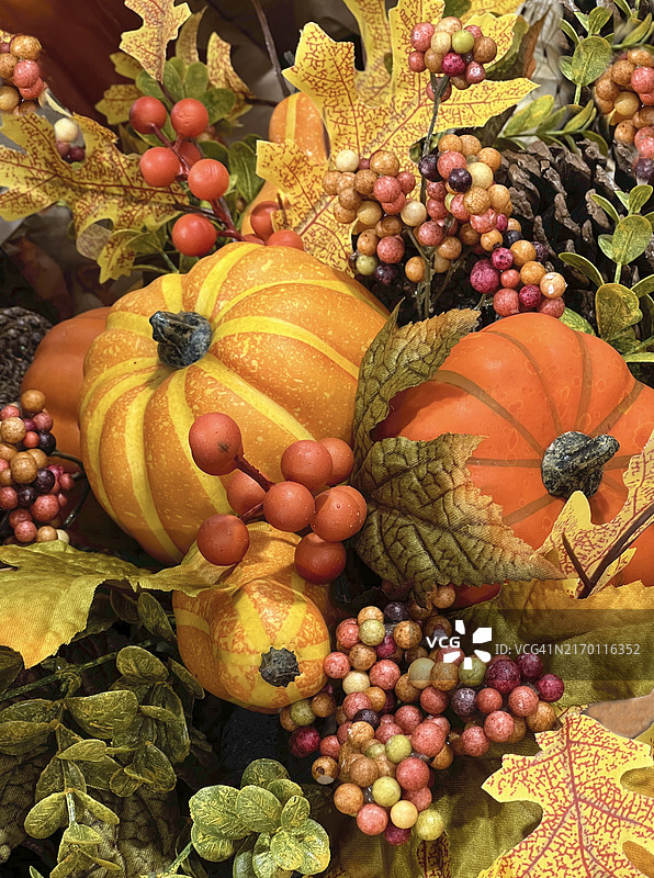 手工艺南瓜、浆果和秋叶秋季装饰图片素材